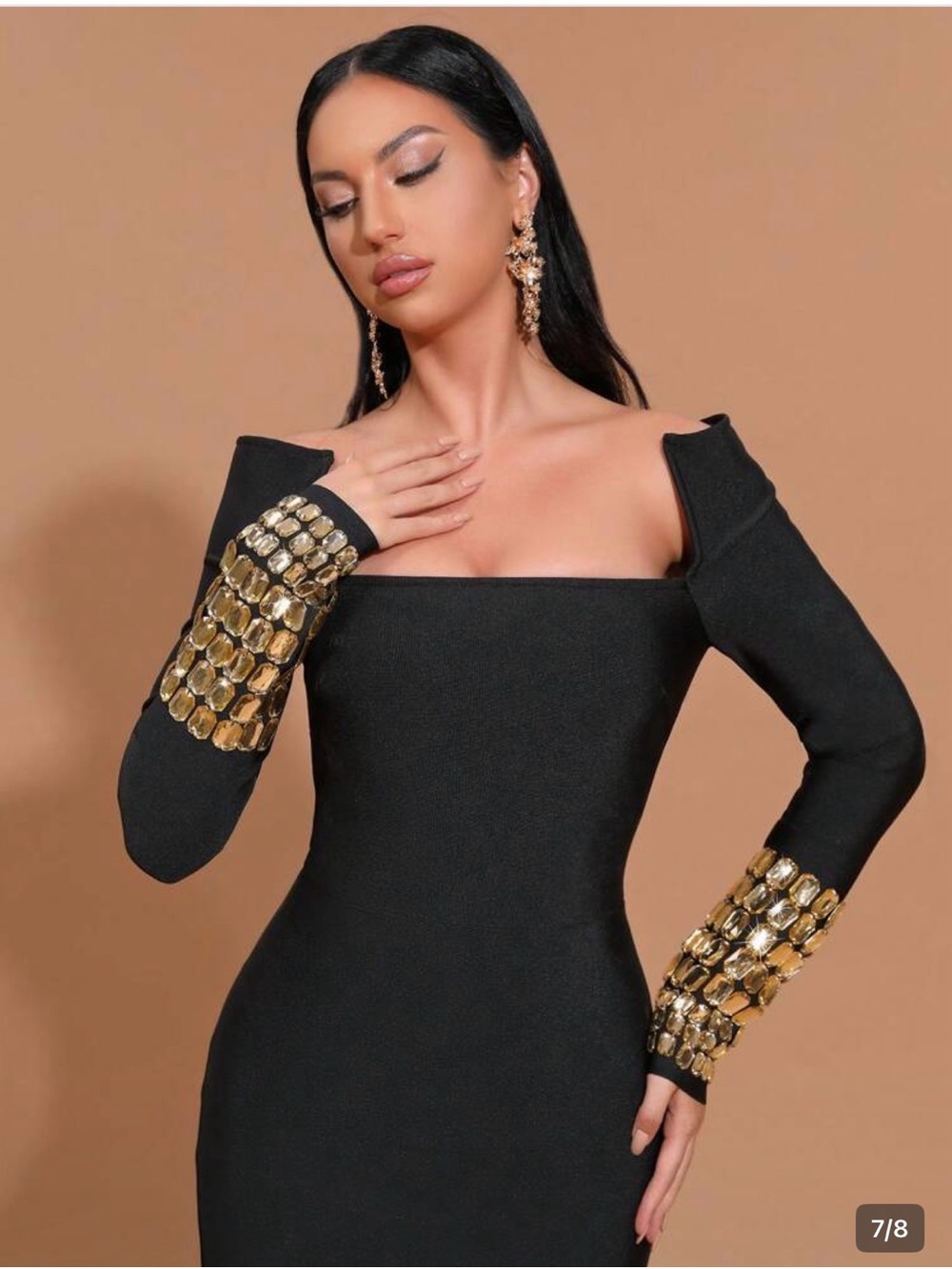 Elegant Black Long-Sleeve Maxi Dress with Gold Cuff Detail - Picture 3 of 4